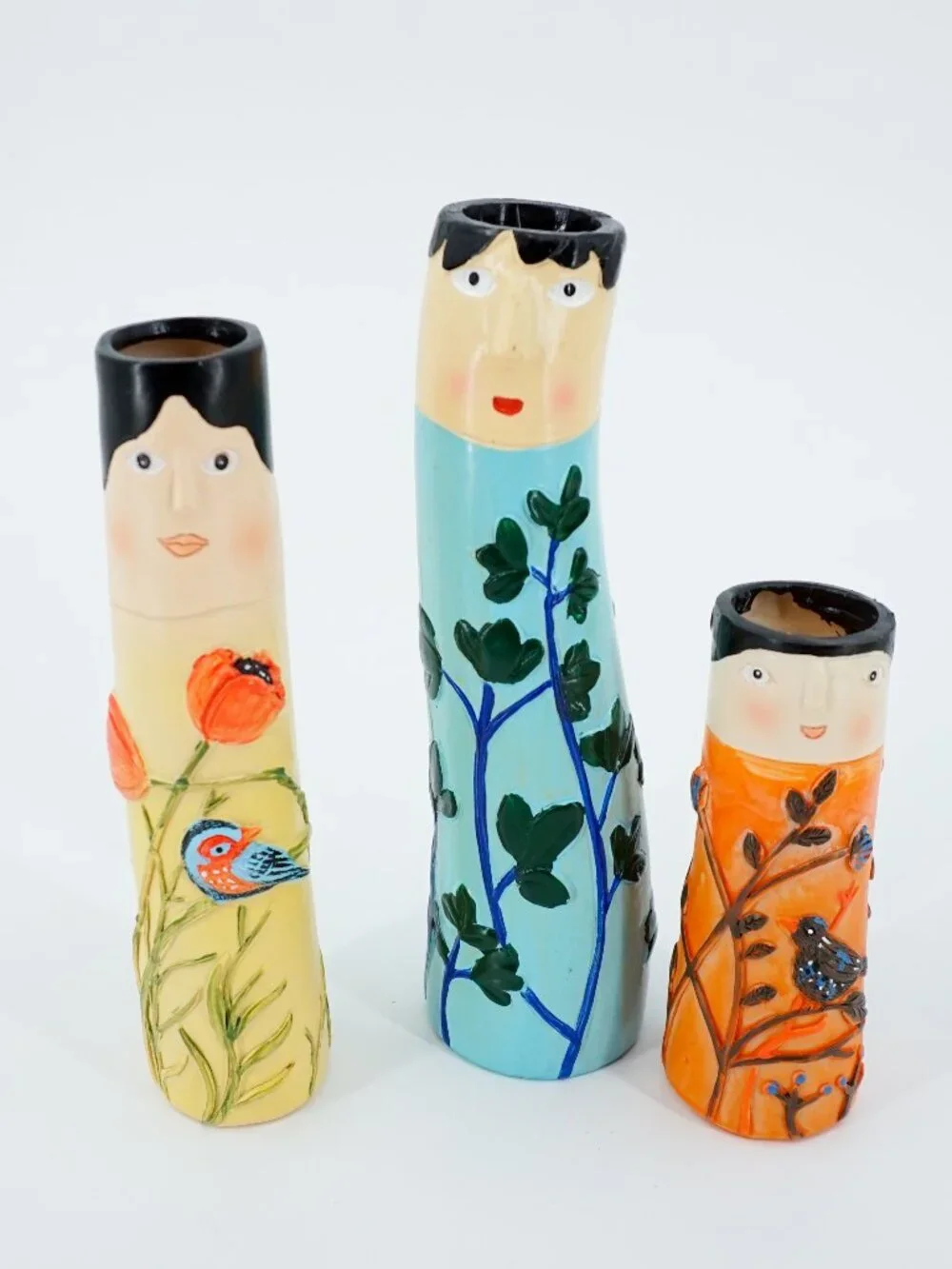 Set of 3 Hand Painted Ceramic Face Cylinder Vases, Women Floral Bird Decor